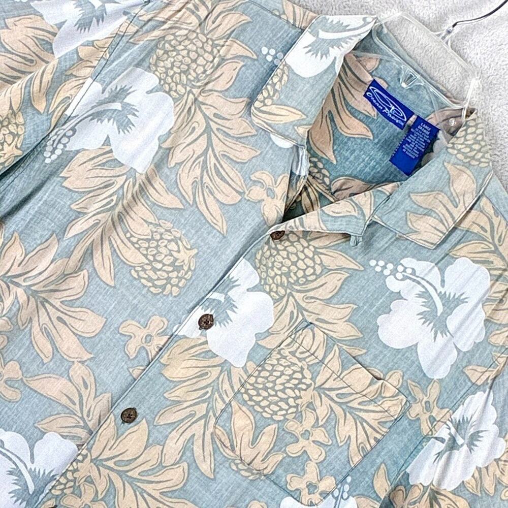 VTG OP Ocean Pacific Hawaiian Camp Shirt Men L Green Floral Loop Collar Rayon